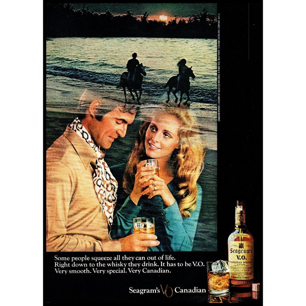 1970 Seagram's V.O. Canadian Whisky Vintage Print Ad Horseback Riding Photo 8x11
